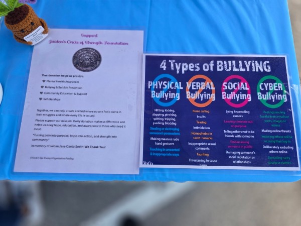 Foundation donation flyer next to a '4 Types of Bullying' info poster